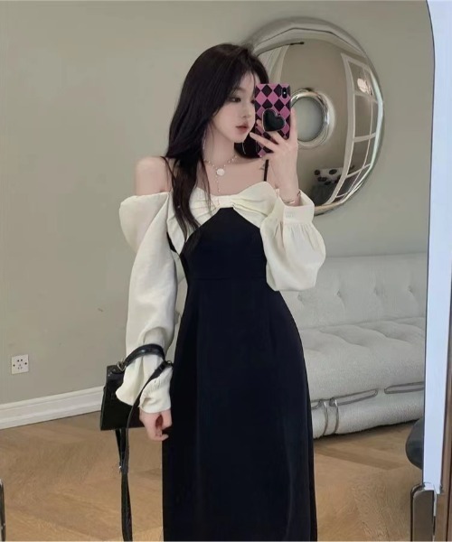 Mejoul（メジュール）の「【2025秋冬新作】【2WAY】オフショルスクエアネックバイカラーリボンワンピース（ワンピース・レディース・ブラック・M/L）」の17枚目の写真