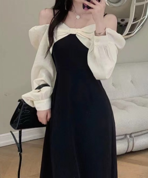 Mejoul（メジュール）の「【2025秋冬新作】【2WAY】オフショルスクエアネックバイカラーリボンワンピース（ワンピース・レディース・ブラック・M/L）」の18枚目の写真