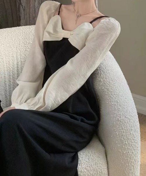 Mejoul（メジュール）の「【2025秋冬新作】【2WAY】オフショルスクエアネックバイカラーリボンワンピース（ワンピース・レディース・ブラック・M/L）」の19枚目の写真