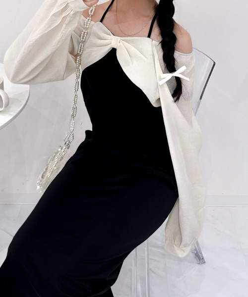 Mejoul（メジュール）の「【2025秋冬新作】【2WAY】オフショルスクエアネックバイカラーリボンワンピース（ワンピース・レディース・ブラック・M/L）」の6枚目の写真