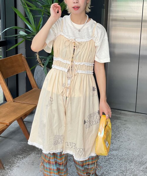 Print Camisole LaceTunic プリントキャミレースチュニック 2color 】チュールドッキングレースチュニックキャミソール