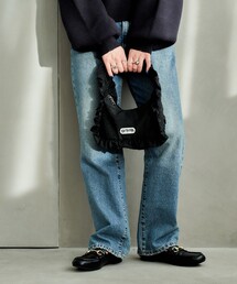 ⚫︎中古 GILLI ジリ スウェードレザーフリンジビジュー付ハンドバッグ 黒 サーカル レザー フリンジ ショルダー バッグ sl-495 : ランプ