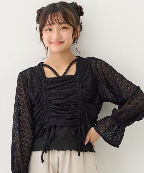 Amourire girl（アムリールガール）の「シャーリングブラウス×ラメリブタンクトップ（シャツ/ブラウス・キッズ・オフホワイト/ブラック・130cm/140cm/150cm/160cm）」の2枚目の写真