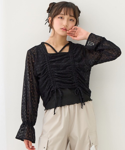 Amourire girl（アムリールガール）の「シャーリングブラウス×ラメリブタンクトップ（シャツ/ブラウス・キッズ・オフホワイト/ブラック・130cm/140cm/150cm/160cm）」の4枚目の写真