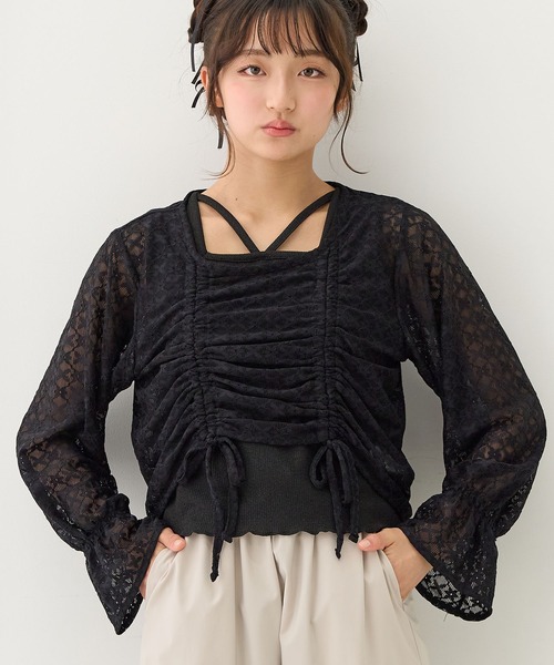 Amourire girl（アムリールガール）の「シャーリングブラウス×ラメリブタンクトップ（シャツ/ブラウス・キッズ・オフホワイト/ブラック・130cm/140cm/150cm/160cm）」の5枚目の写真