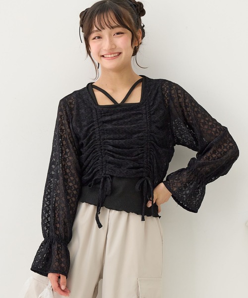 Amourire girl（アムリールガール）の「シャーリングブラウス×ラメリブタンクトップ（シャツ/ブラウス・キッズ・オフホワイト/ブラック・130cm/140cm/150cm/160cm）」の6枚目の写真