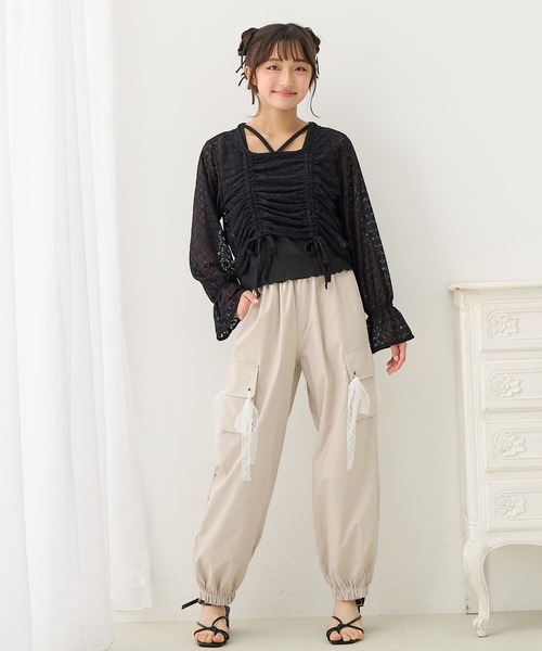 Amourire girl（アムリールガール）の「シャーリングブラウス×ラメリブタンクトップ（シャツ/ブラウス・キッズ・オフホワイト/ブラック・130cm/140cm/150cm/160cm）」の14枚目の写真