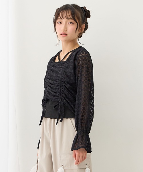 Amourire girl（アムリールガール）の「シャーリングブラウス×ラメリブタンクトップ（シャツ/ブラウス・キッズ・オフホワイト/ブラック・130cm/140cm/150cm/160cm）」の7枚目の写真