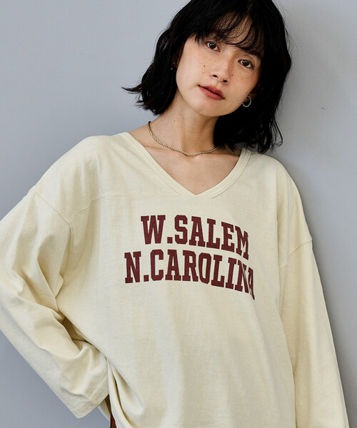 FREAK'S STORE(フリークスストア)の「ヴィンテージライク 2way フットボールロンT(Tシャツ/カットソー・レディース・ブラック/グリーン/ナチュラル・フリ-)」の2枚目の写真