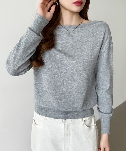 グレー シルク混合 オフショルダー 長袖トップス セール】ワンショルダートップス ニット オフショルダー トップス