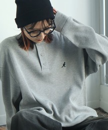 【KANGOL/カンゴール】別注 ワッフル ロゴ刺繍 ロングスリーブ ヘンリーネック Tシャツ