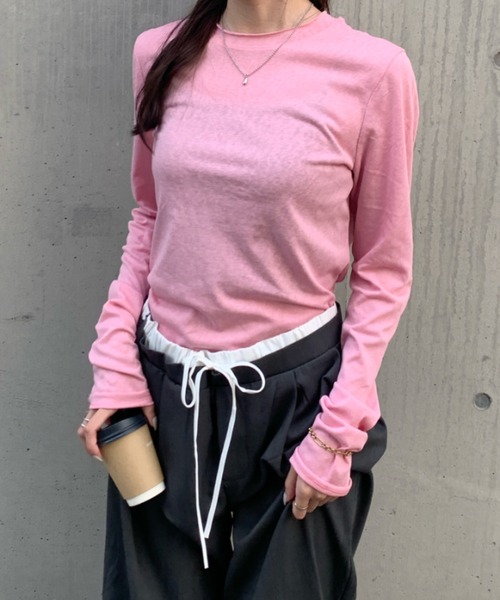 Teem Store(チームストア)の「【7色展開/カラバリ豊富】ベーシックカラースラブシアーロンT レイヤード 重ね着(Tシャツ/カットソー・レディース・イエロー/チャコール/ホワイト/サックスブルー/ブラック/ピンク/グレー・M/L)」の7枚目の写真