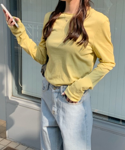 Teem Store(チームストア)の「【7色展開/カラバリ豊富】ベーシックカラースラブシアーロンT レイヤード 重ね着(Tシャツ/カットソー・レディース・イエロー/チャコール/ホワイト/サックスブルー/ブラック/ピンク/グレー・M/L)」の6枚目の写真