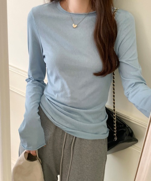 Teem Store(チームストア)の「【7色展開/カラバリ豊富】ベーシックカラースラブシアーロンT レイヤード 重ね着(Tシャツ/カットソー・レディース・イエロー/チャコール/ホワイト/サックスブルー/ブラック/ピンク/グレー・M/L)」の8枚目の写真