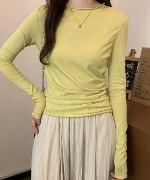 Teem Store(チームストア)の「【7色展開/カラバリ豊富】ベーシックカラースラブシアーロンT レイヤード 重ね着(Tシャツ/カットソー・レディース・イエロー/チャコール/ホワイト/サックスブルー/ブラック/ピンク/グレー・M/L)」の17枚目の写真