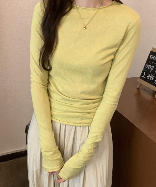 Teem Store(チームストア)の「【7色展開/カラバリ豊富】ベーシックカラースラブシアーロンT レイヤード 重ね着(Tシャツ/カットソー・レディース・イエロー/チャコール/ホワイト/サックスブルー/ブラック/ピンク/グレー・M/L)」の16枚目の写真