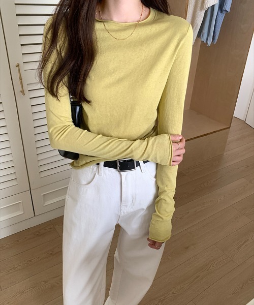 Teem Store(チームストア)の「【7色展開/カラバリ豊富】ベーシックカラースラブシアーロンT レイヤード 重ね着(Tシャツ/カットソー・レディース・イエロー/チャコール/ホワイト/サックスブルー/ブラック/ピンク/グレー・M/L)」の19枚目の写真