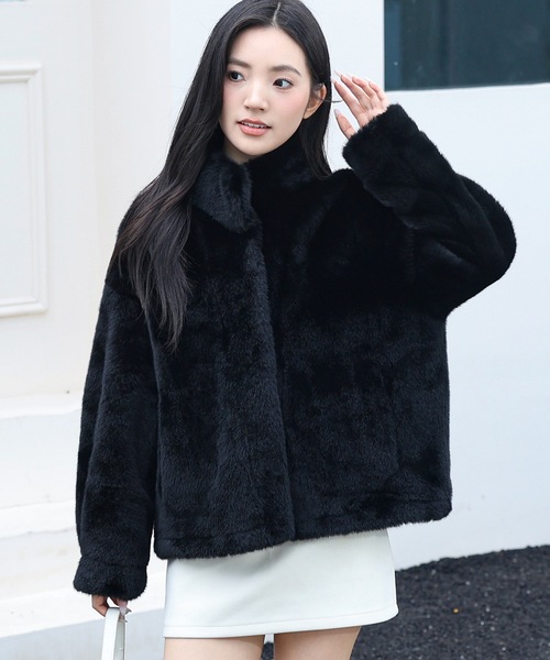 新品同様✩リバーシブル✩ロシアンリス✩ファーコート✩柔らか✩総柄 セール】スタンドカラー ベーシック リッチ ファー ジャケット