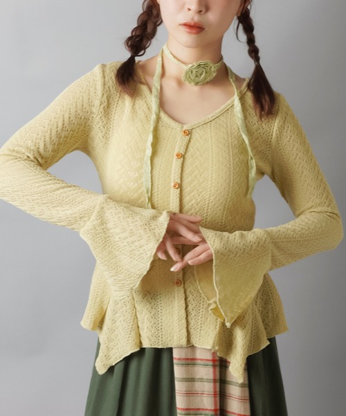 SPINNS（スピンズ）の「【セットアイテム】レースカーディガン/フレアスリーブ/ローズタイ付き/NEO森ガール（カーディガン/ボレロ・レディース・アイボリー/ベージュ/ブラウン・ONESIZE）」の4枚目の写真