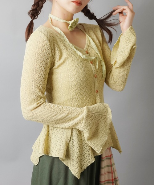 SPINNS（スピンズ）の「【セットアイテム】レースカーディガン/フレアスリーブ/ローズタイ付き/NEO森ガール（カーディガン/ボレロ・レディース・アイボリー/ベージュ/ブラウン・ONESIZE）」の5枚目の写真