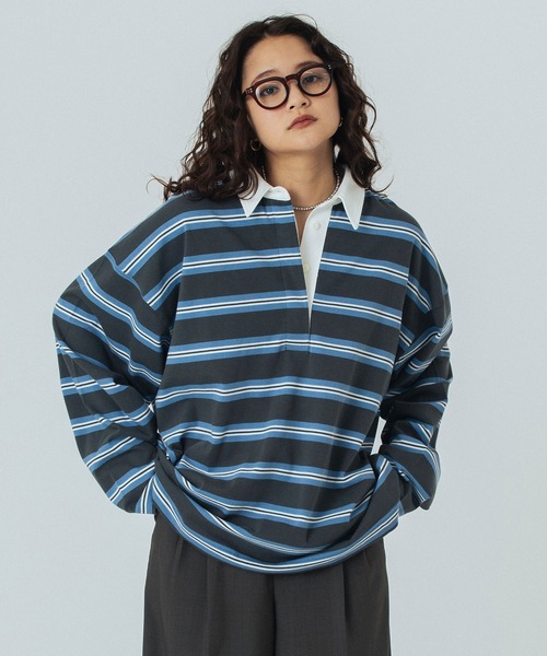 ROSE BUD（ローズバッド）の「STRIPED RUGBY SHIRT（Tシャツ/カットソー・レディース・グレー/ホワイト・ONE SIZE）」の2枚目の写真