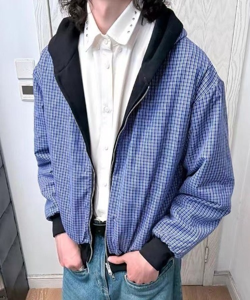 FreeZone(フリーゾーン)の「2WAYチェックフーディージャケット(パーカー・メンズ・ブラック/ライトグレー・F)」の18枚目の写真