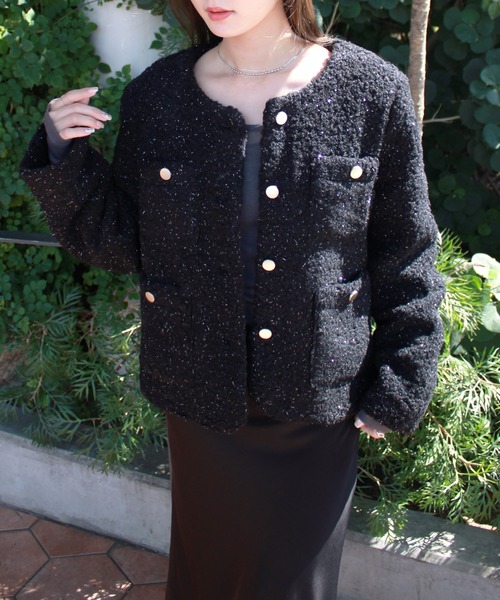 セール】ノーカラープードルジャケット / ツイード ラメ きれいめ