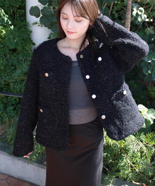 セール】ノーカラープードルジャケット / ツイード ラメ きれいめ