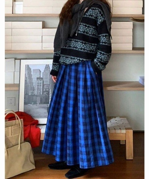 セール】【秋冬新作】チェック柄プリーツロングフレアスカート