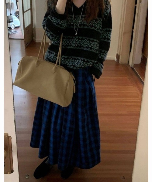 LADY LIKE(レディライク)の「チェック柄プリーツロングフレアスカート(スカート・レディース・ブルー・M)」の4枚目の写真
