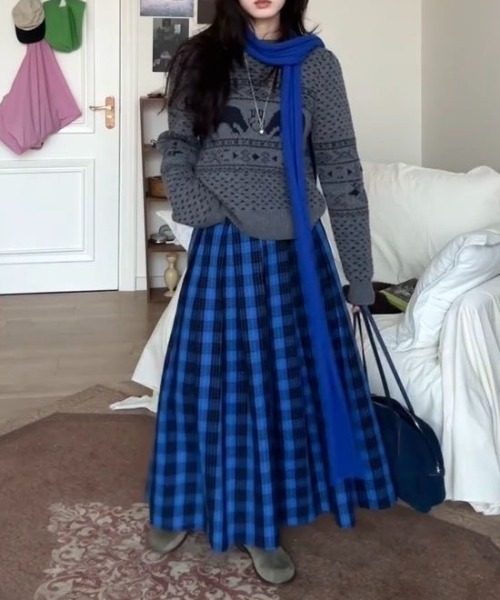 セール】【秋冬新作】チェック柄プリーツロングフレアスカート