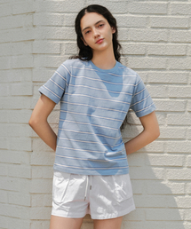 ウィメンズマルチストライプクルーネックTシャツ1 [クラウディブルー]