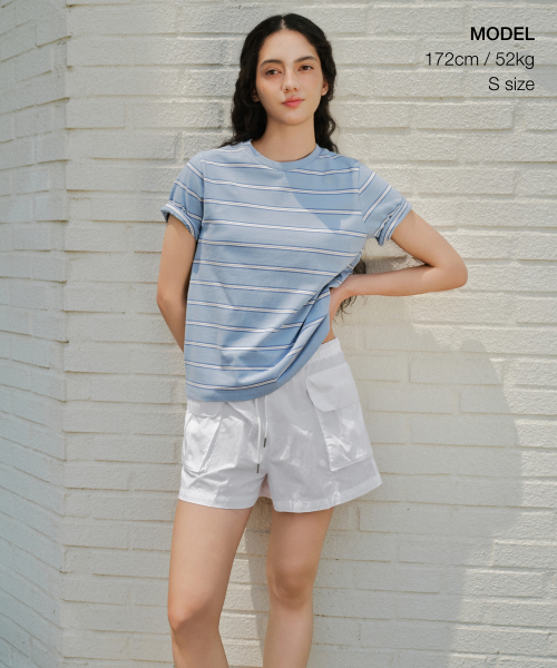 MUSINSA STANDARD WOMAN（ムシンサスタンダードウーマン）の「ウィメンズマルチストライプクルーネックTシャツ1 [クラウディブルー]（Tシャツ/カットソー・レディース・その他・SMALL/MEDIUM/X-SMALL/LARGE）」の2枚目の写真