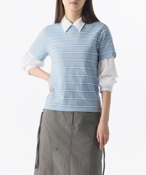 MUSINSA STANDARD WOMAN（ムシンサスタンダードウーマン）の「ウィメンズマルチストライプクルーネックTシャツ1 [クラウディブルー]（Tシャツ/カットソー・レディース・その他・SMALL/MEDIUM/X-SMALL/LARGE）」の3枚目の写真