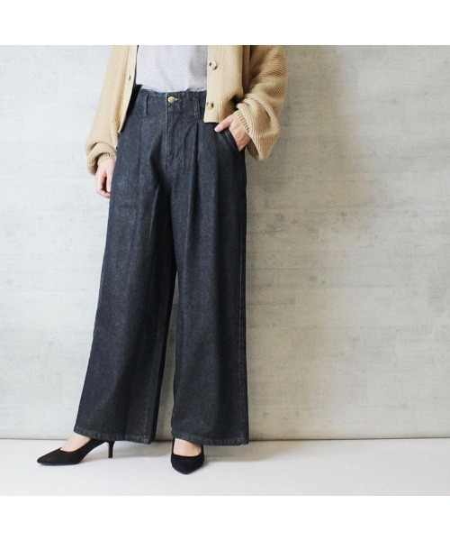 aity(アイティ)の「M-4L ウエストタック ハイウエストデニムワイドパンツ(デニムパンツ・レディース・ネイビー/ワンウォッシュ・4L/3L/LL/L/M)」の1枚目の写真