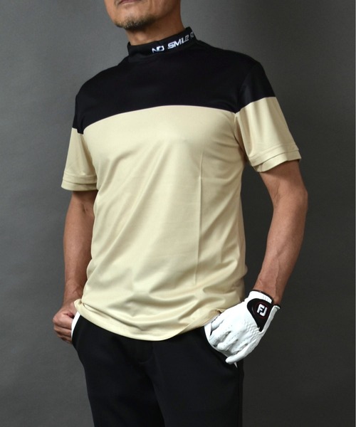 COMON GOLF(コモンゴルフ)の「バイカラーDRY素材 半袖モックネック ゴルフシャツ(Tシャツ/カットソー・メンズ・ブラック×ベージュ/グレー×ホワイト・XXL/L/M/XL)」の1枚目の写真