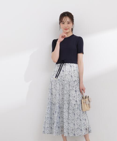 PROPORTION BODY DRESSING(プロポーションボディドレッシング)の「半袖花柄ドッキングニットワンピース / 1216140410(ワンピース・レディース・ネイビー/ブラック・MEDIUM/P/S/SMALL)」の1枚目の写真