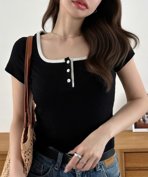 Eclat one(エクラワン)の「【Eclat one】バイカラー ショート丈 ヘンリーネック 半袖 トップス(Tシャツ/カットソー・レディース・ホワイト/グレー/ブラック/ダークグリーン・FREE)」の12枚目の写真