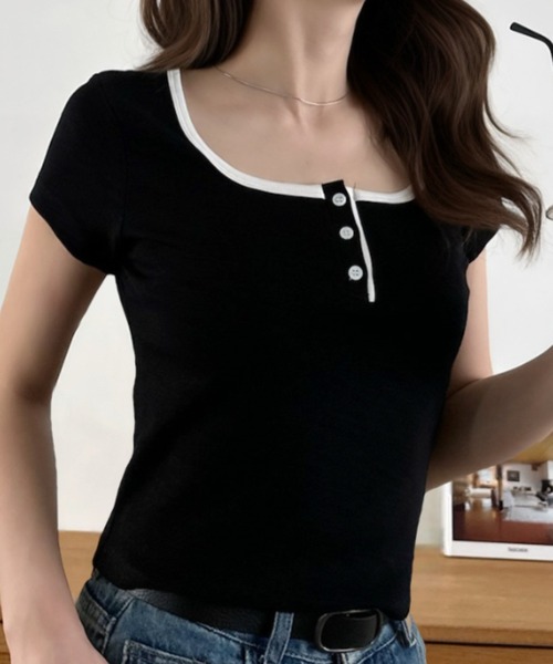 Eclat one(エクラワン)の「【Eclat one】バイカラー ショート丈 ヘンリーネック 半袖 トップス(Tシャツ/カットソー・レディース・ホワイト/グレー/ブラック/ダークグリーン・FREE)」の11枚目の写真