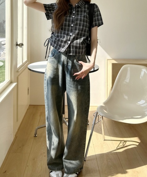 Ada.(エイダ)の「サイドギャザー ショート丈 チェック柄 半袖シャツ(シャツ/ブラウス・レディース・ブラック/ブラウン/レッド・FREE)」の10枚目の写真