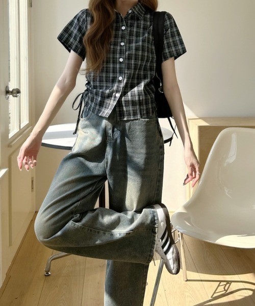 Ada.(エイダ)の「サイドギャザー ショート丈 チェック柄 半袖シャツ(シャツ/ブラウス・レディース・ブラック/ブラウン/レッド・FREE)」の14枚目の写真