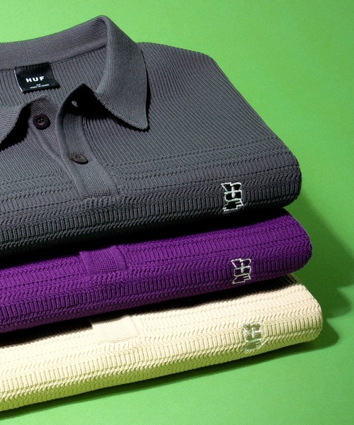 HUF(ハフ)の「MEGABLAST KNIT POLO TOP(ポロシャツ・メンズ・オフホワイト/チャコールグレー/パープル・XL/L/M/S/XXL)」の9枚目の写真