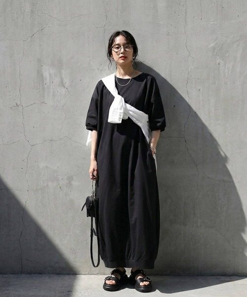 antiqua(アンティカ)の「綿100% 五分袖 コクーン ロングワンピース(ワンピース・レディース・ブラック/ブラウン系その他/ダークグレー/ネイビー・R/TL)」の20枚目の写真