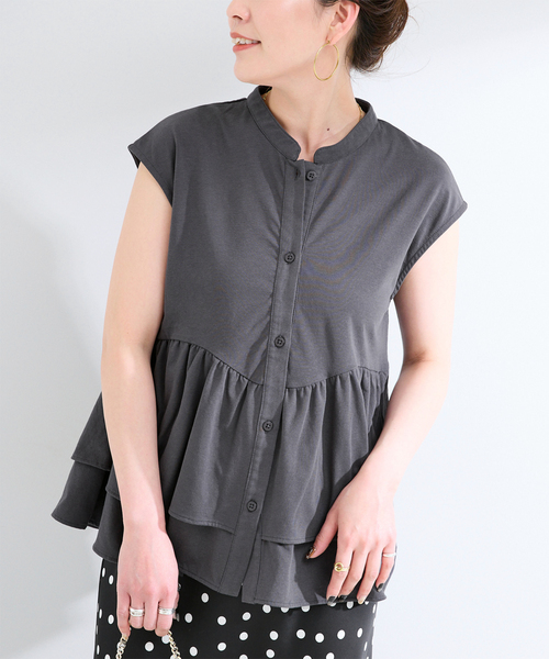 B.C STOCK(ベーセーストック)の「手洗い可 / ペプラムカットソー(Tシャツ/カットソー・レディース・スカイブルー/ブラウン/ブラックミックス・FREE)」の2枚目の写真