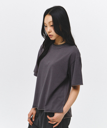 [ユニセックス] レイヤード切り替えクロップ半袖Tシャツ_チャコール
