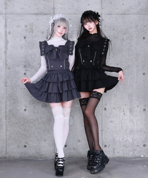 Amilige(アミリージュ)の「リボンクロストップス+フリルティアードスカートセット(セットアップ・レディース・グレー/ブラック・FREE)」の2枚目の写真