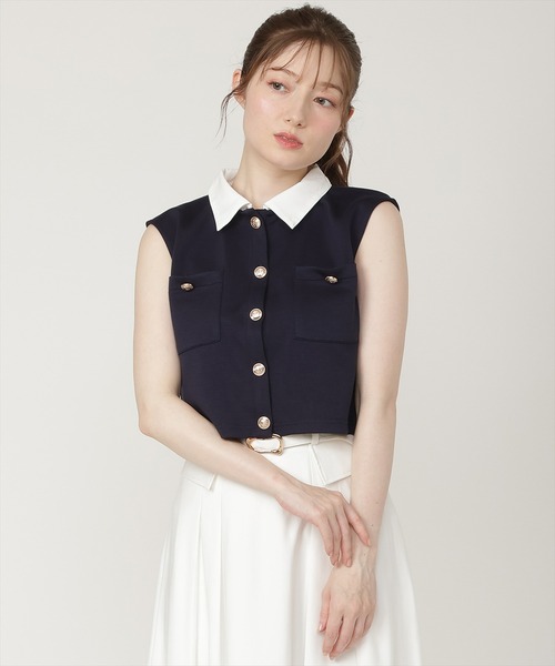 SWINGLE（スウィングル）の「エンブレムボタンシャツ衿カットプルオーバー（Tシャツ/カットソー・レディース・カーキ/ネイビー/サックスブルー・FREE）」の4枚目の写真