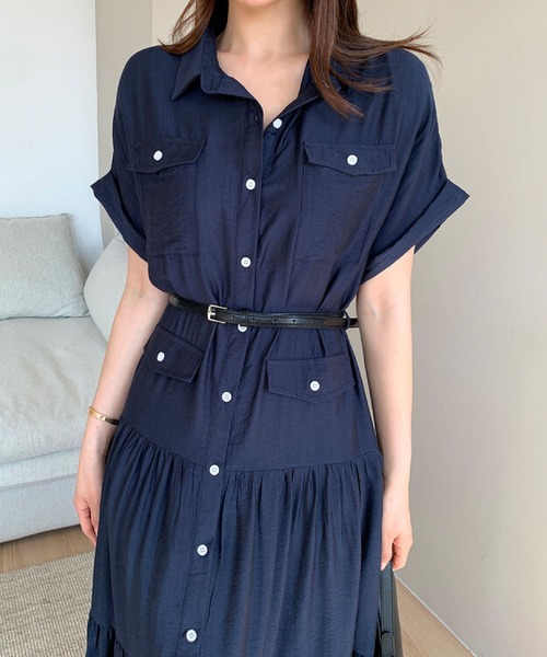 2ly2(トゥーリートゥー)の「シャツワンピース レディース 半袖 ロング丈 ティアード ベルト付き(ワンピース・レディース・ネイビー・FREE)」の1枚目の写真