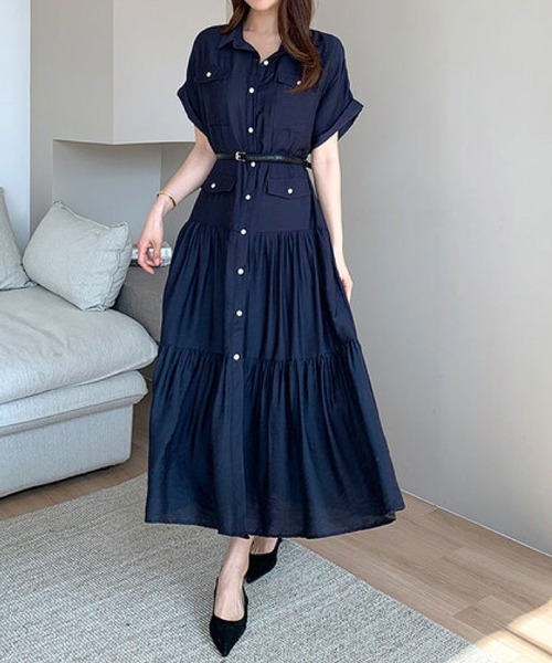 2ly2(トゥーリートゥー)の「シャツワンピース レディース 半袖 ロング丈 ティアード ベルト付き(ワンピース・レディース・ネイビー・FREE)」の10枚目の写真