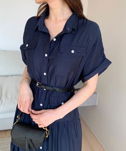 2ly2(トゥーリートゥー)の「シャツワンピース レディース 半袖 ロング丈 ティアード ベルト付き(ワンピース・レディース・ネイビー・FREE)」の14枚目の写真
